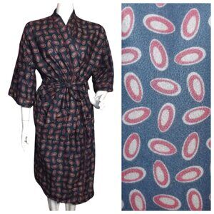 PIERRE CARDIN Robe, OS, Blue/Red & Gray Oval dots, Sash, Pockets 3/4 sleeve